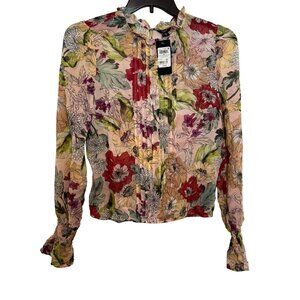 Guess Womens Pleated Long Sleeve Blouse Medium Multicolor Floral Print